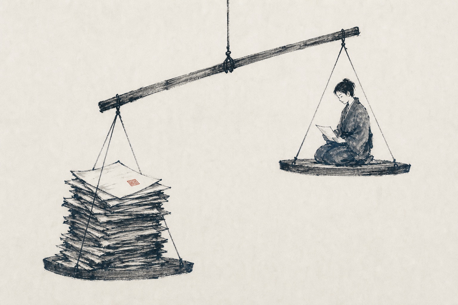 大量の書類が積まれた皿と、一人の読み手が乗った皿が釣り合わない天秤の墨絵